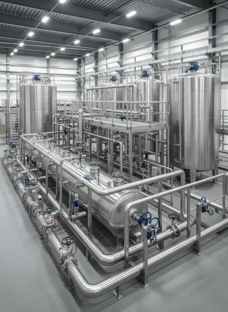 Professional industrial water treatment plant. Every single element — all tanks, all pipes, all valves, all fittings, all brackets, all connections — made entirely of brushed stainless steel with silver metallic finish. NO blue pipes. NO colored pipes. NO plastic. NO painted surfaces. All metal, all stainless steel, silver and grey tones only. Clean industrial lighting. Photorealistic. Same style as previous image but with stainless steel pipes instead of blue pipes.