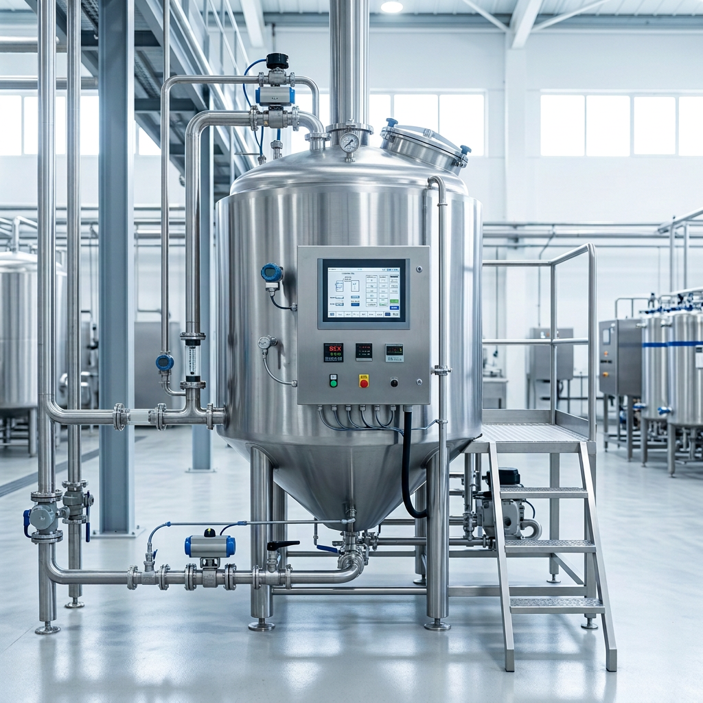 Stainless-steel maceration tank labeled in Spanish with control panel, sensors, valves, and piping